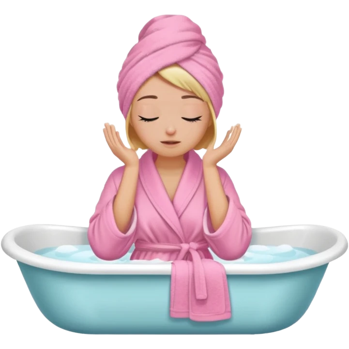 A woman sitting on the edge of a bathtub, wearing a pink bathrobe and towel on her head, one hand on her shoulders and eyes closed  emoji
