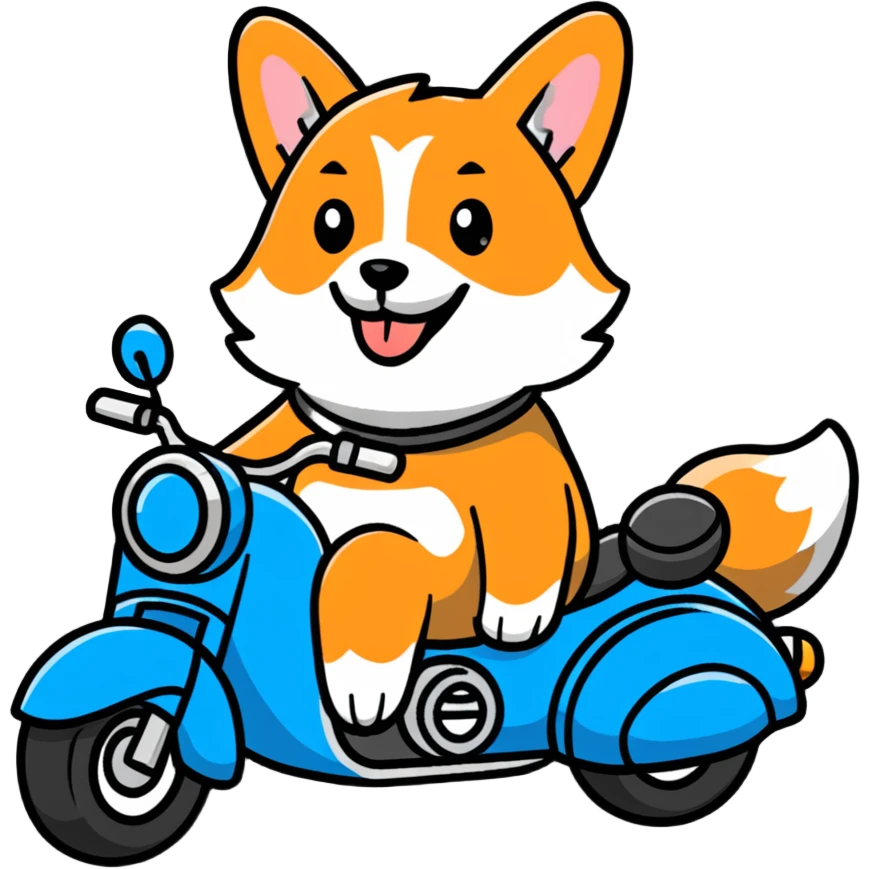 smiling corgi riding a motorcycle emoji