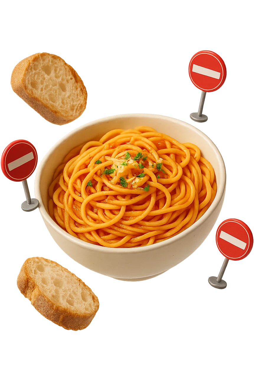 bowl di pasta e fettine di pane che fluttuano in aria con piccoli divieti 3d, sfondo bianco, iperrealistico 4k emoji