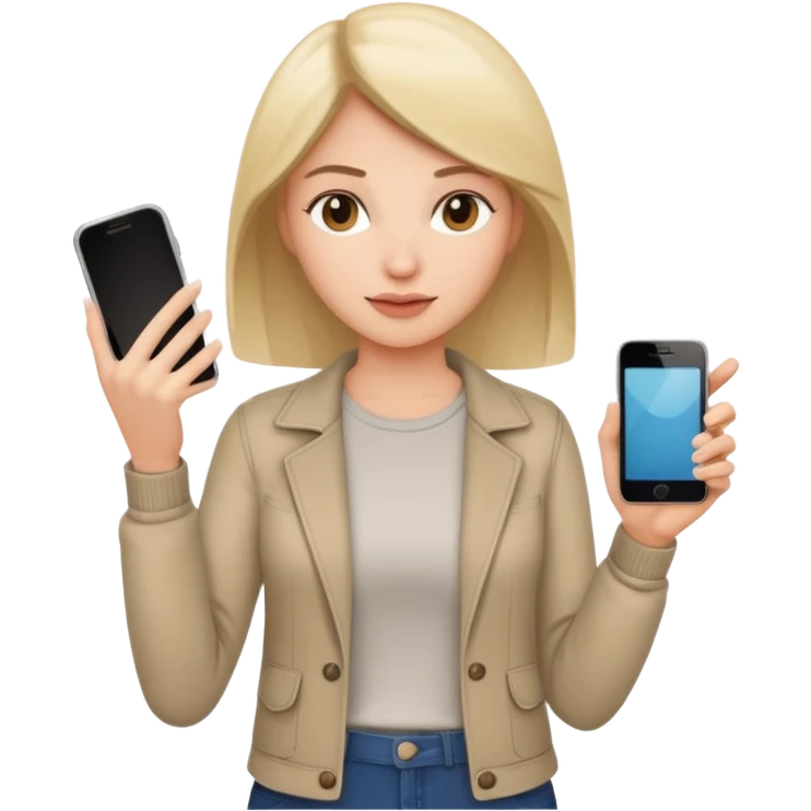 woman casual clothes holding just one phone in one hand and the other hand empty emoji