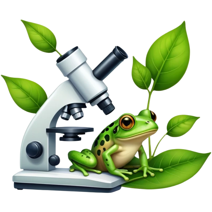 An icon featuring a DNA strand, a microscope, and a green leaf, symbolizing biology. The design includes animal cells, plant structures, and a frog, representing the study of living organisms and ecosystems. Transparent background highlights life sciences and biological research. emoji