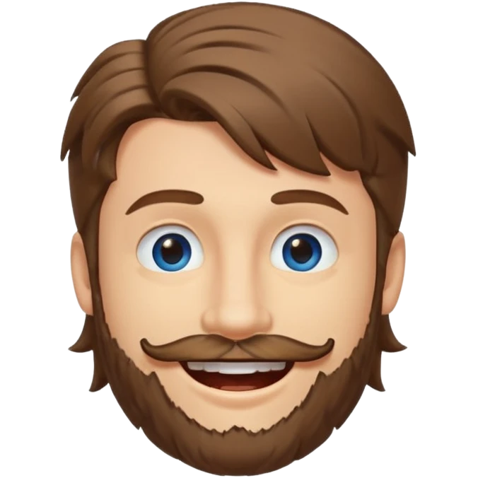 25 year old man, short scruffy beard and sparse moustache, brown puffy mullet, blue eyes, big smile, white teeth, big lips, pronounced jaw emoji