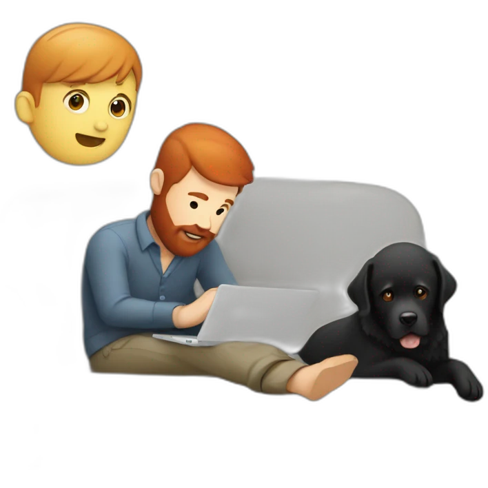 a man with a red beard sits working on a laptop on the sofa with a black Labrador emoji