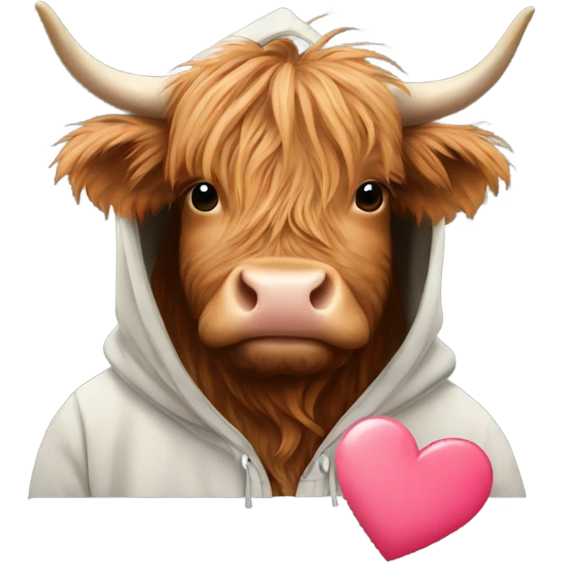 Highland cow wearing a hoodie holding a heart emoji