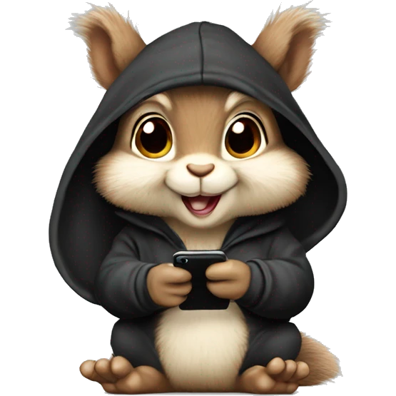 Cute realistic fluffy Squirrel with fluffy ears in black hoodie holding an iPhone  emoji