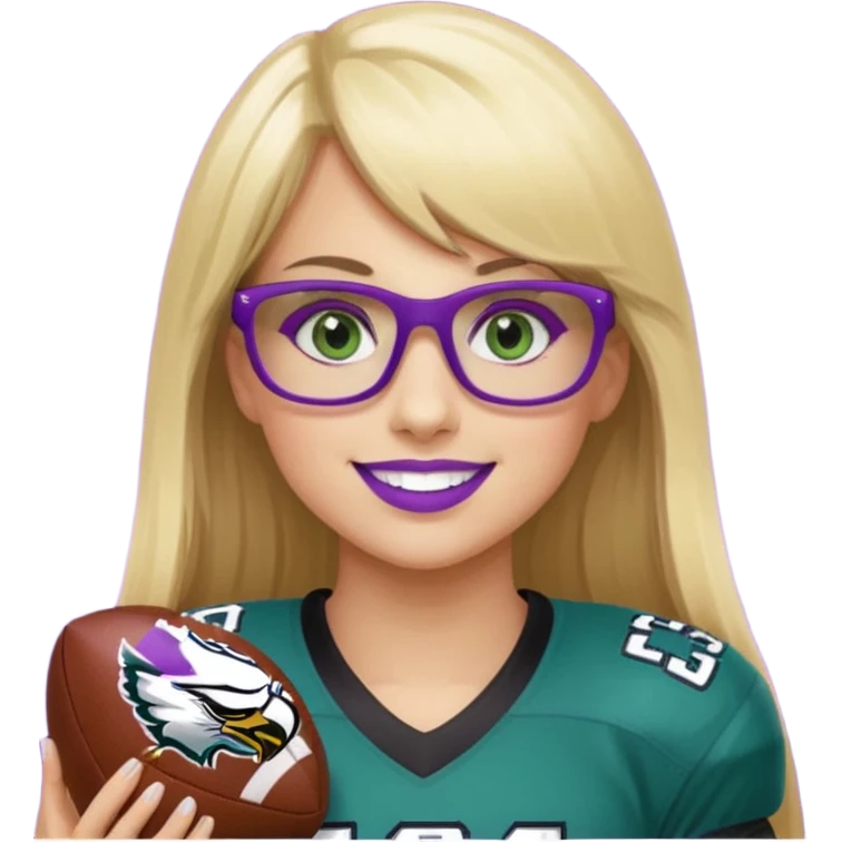 long blonde hair with straight bangs, wearing black rectangle glasses, female, green eyes football player wearing eagles uniform jersey number 33 holding football smiling purple lipstick emoji