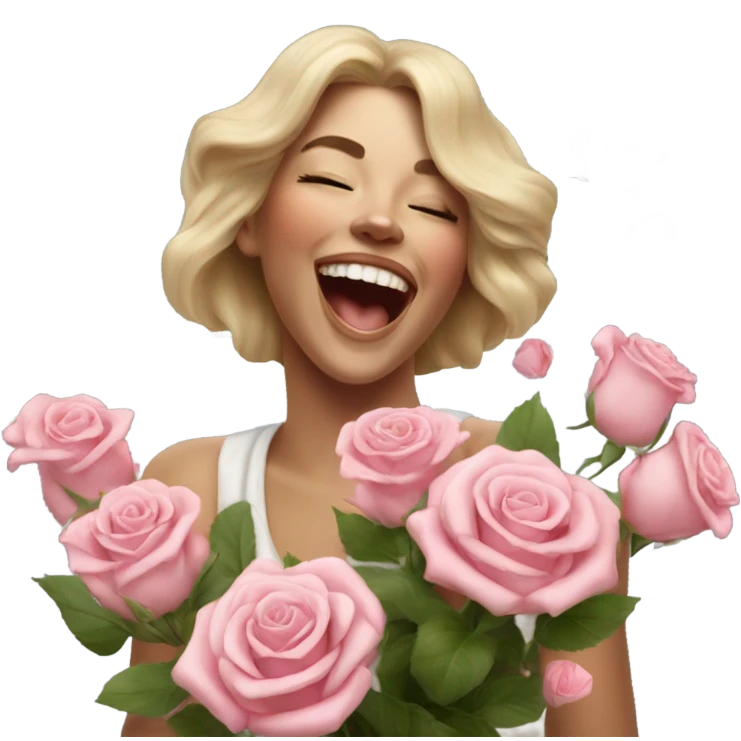 Hyper Realistic beautiful woman smells bouquet of roses laughing  emoji