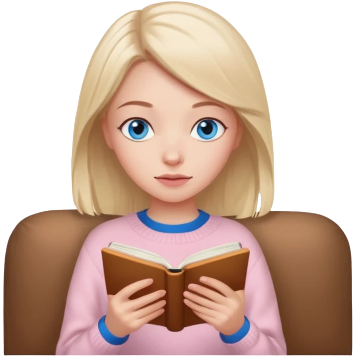 Pretty blue eyed white girl with light pink sweater reading cozy emoji