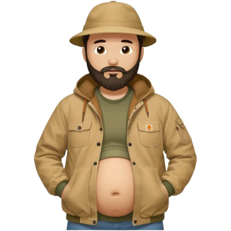 Bearded man rubbing pregnant belly poking out of shirt wearing a tan canvas carhartt jacket with  chinese hat on emoji