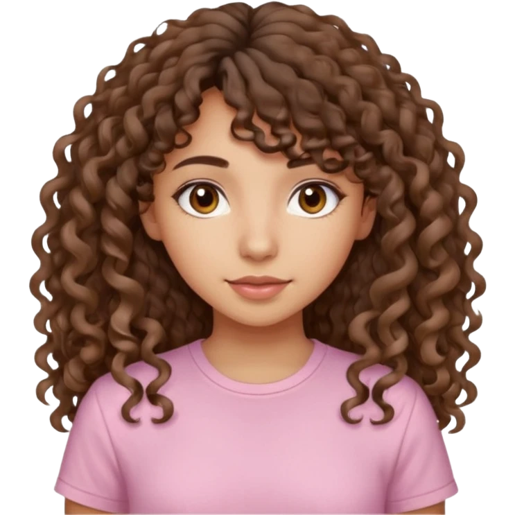 A Latina girl with brown eyes and long loose curly hair with curly bangs with a light pink shirt emoji
