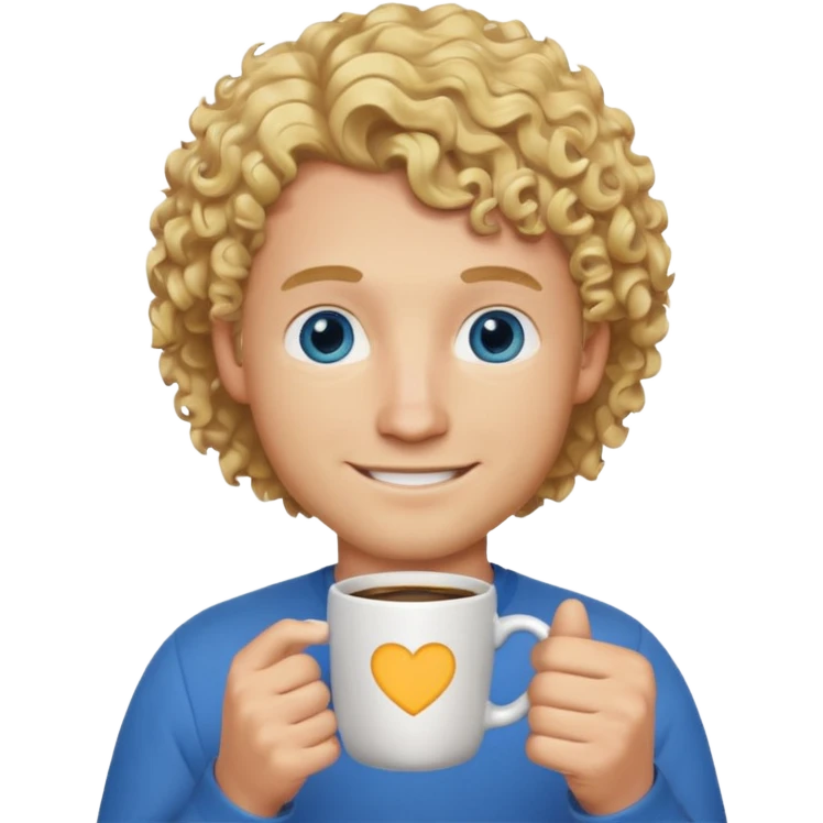 male developer with blonde curly hair and blue eyes, holding a coffee mug, happy emoji