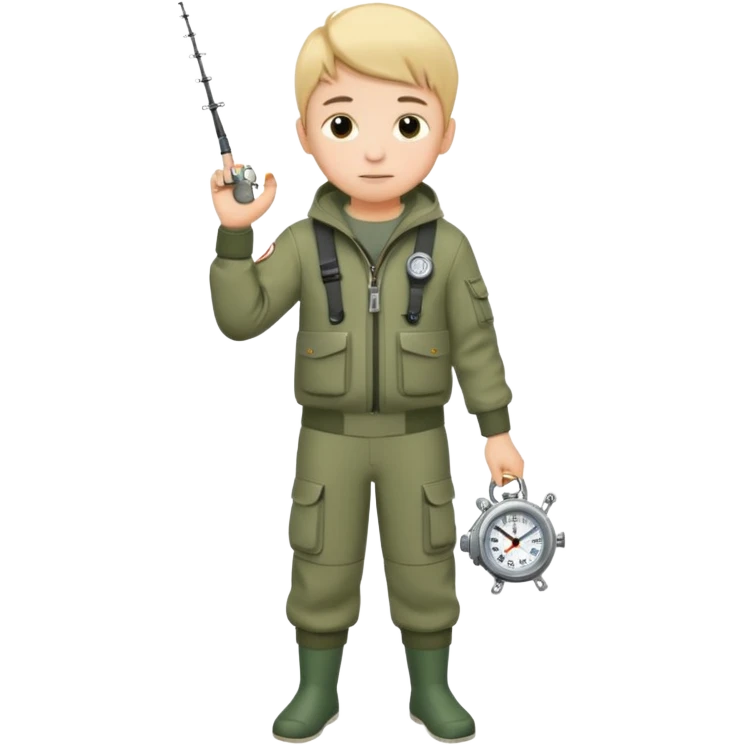 Boy in fishing suit looking at his wristwatch, full body emoji