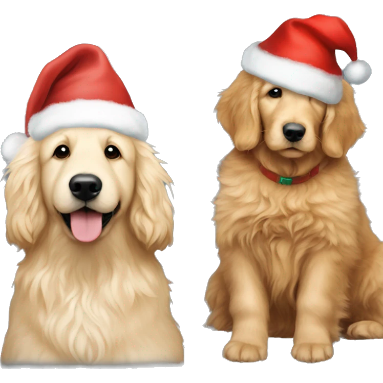 Make an emoji with a fluffy goldendoodle and golden retriever sitting next to each other with Christmas hats on  emoji