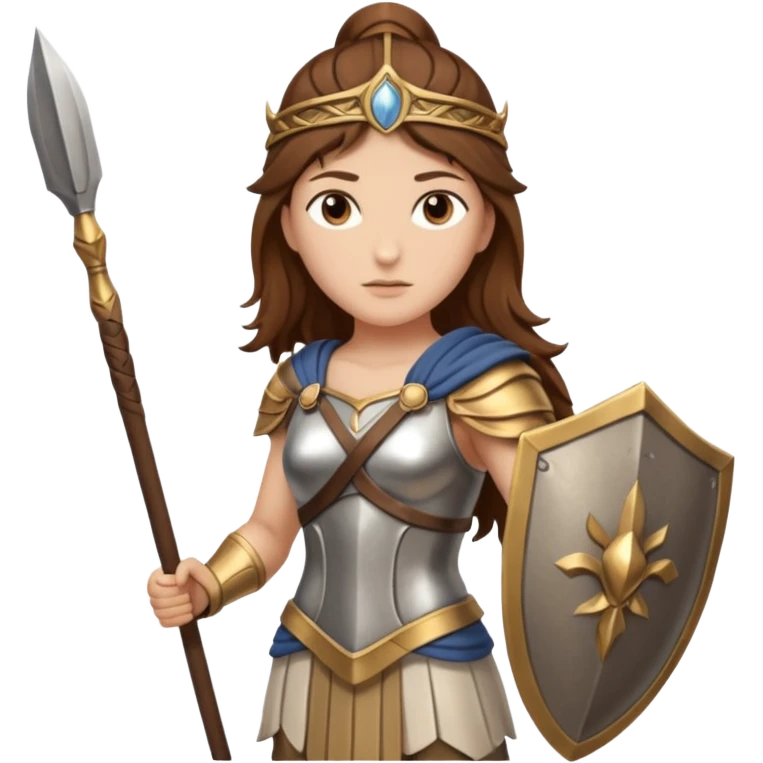 brown haired Athena the Greek goddess of disciplined, strategic warfare, calm, commanding figure leading with intelligence not force. wears light armour carries a spear, symbolising protection precise judgement. strategy, not aggression, embodying clarity, foresight and decisive action. emoji