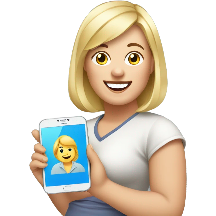 overweight blondie woman happy with a smartphone in hands showing charts emoji