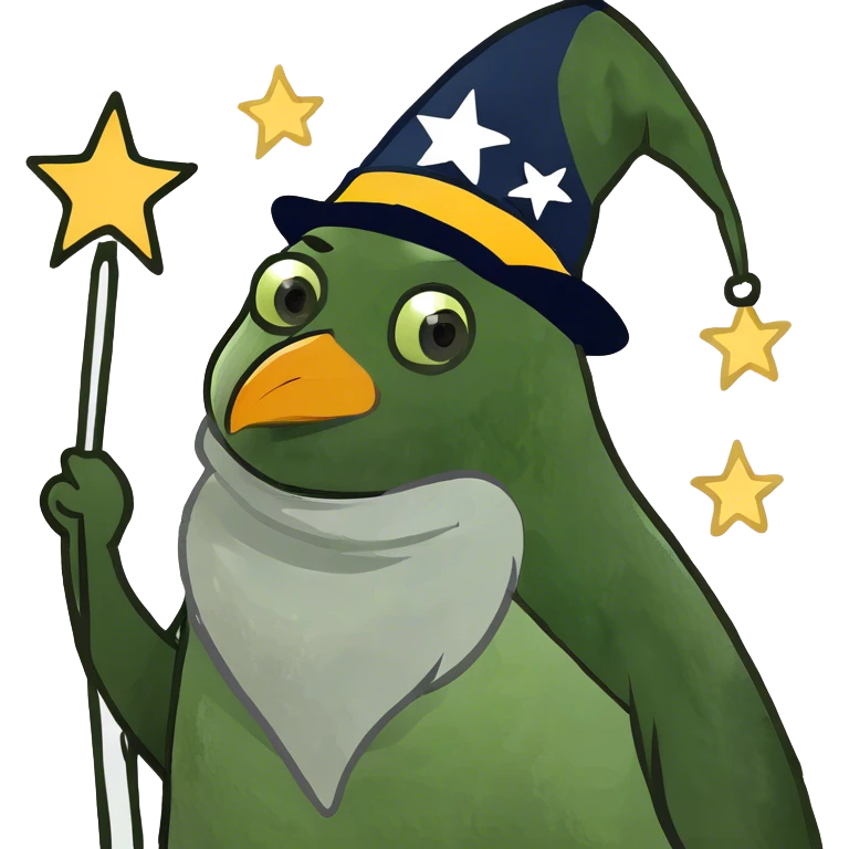 A penguin wizard with a white beard emoji