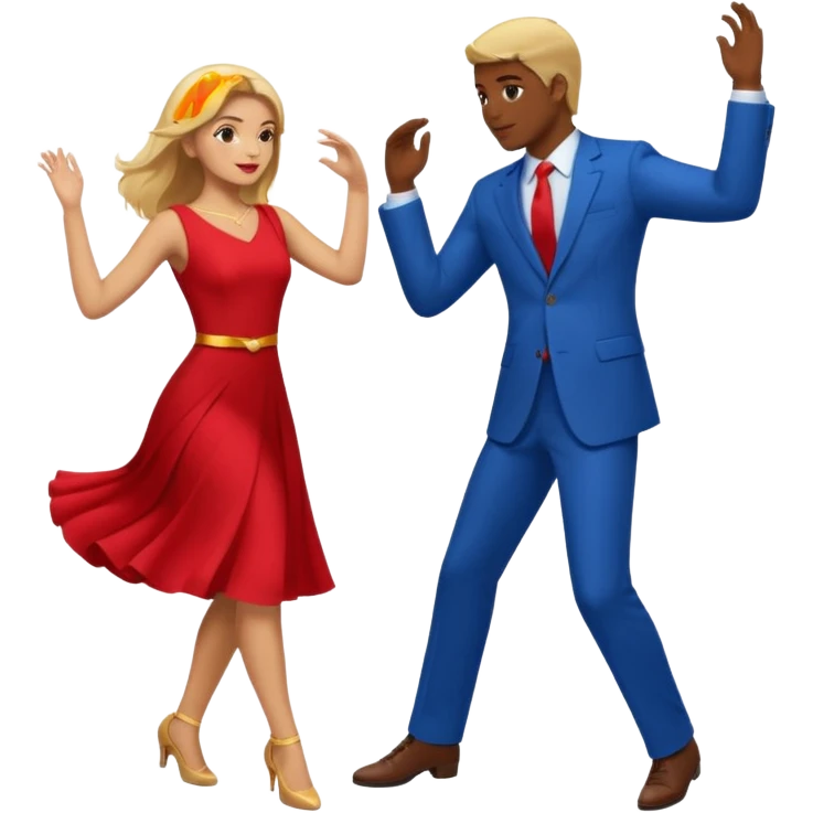 Two people dancing. One wearing red with light skin and blonde hair. One wearing bue with dark skin and brown hair. emoji