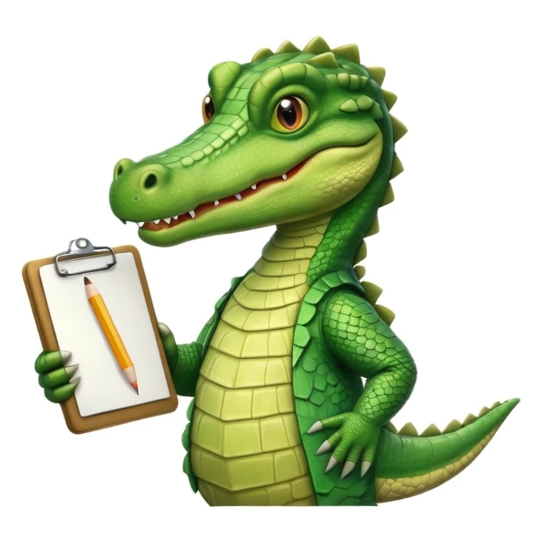 A 1980s style image of a gator with a clipboard and a pencil, offwhite background emoji
