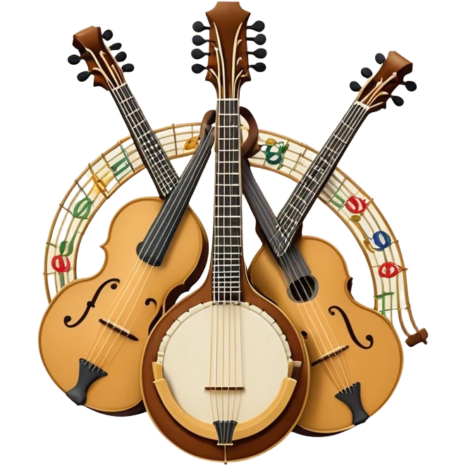 Design a sophisticated and festive emblem-like emoji representing plucked and stringed instruments. The layout should resemble a heraldic crest, featuring iconic instruments like a banjo, mandolin, domra, and sitar, artistically arranged in an elegant and symmetrical way. The necks of the instruments should be intertwined with a flowing ribbon of musical notes, winding around the strings and fretboards. The design should be detailed, showcasing the intricate carvings on the instruments, visible strings, and fret markers. Use a rich color palette with deep golds, browns, and vibrant accents to evoke a sense of luxury and celebration. The musical notes should appear to float around the instruments, connecting them in a graceful, dynamic way. Include ornate flourishes or decorative elements like laurels, swirls, or subtle engravings to give the image a professional, emblematic appearance. The background should be transparent. emoji