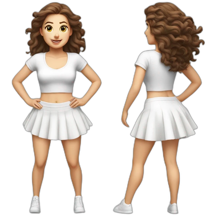 Hyperrealistic Full body Caucasian curvy beauty jumping short white skirt back and front views strong wind emoji