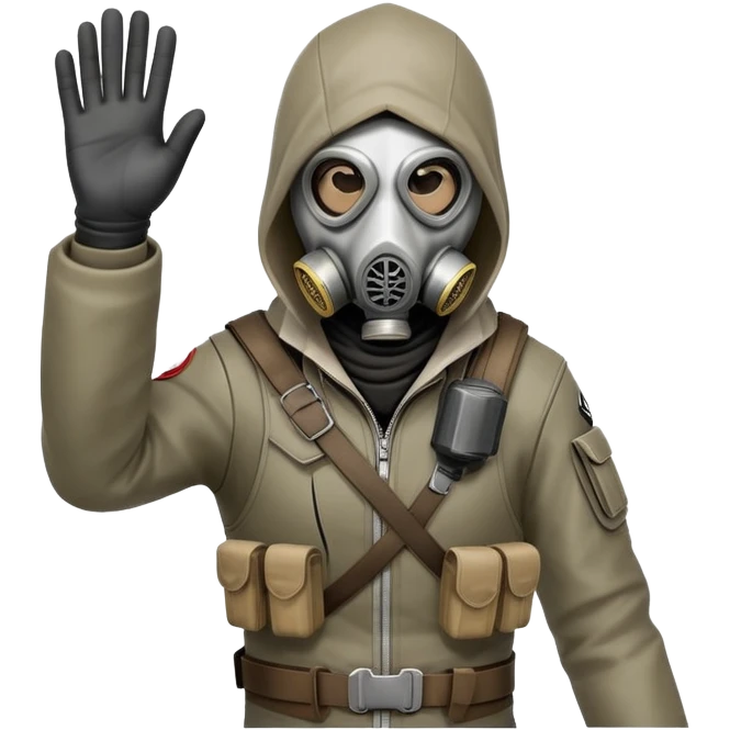 Emoji of a character combining Assassin's Creed and S.T.A.L.K.E.R., hood, gas mask, tactical gear, waving hand, minimalist, clean design, white background, no shadows. emoji