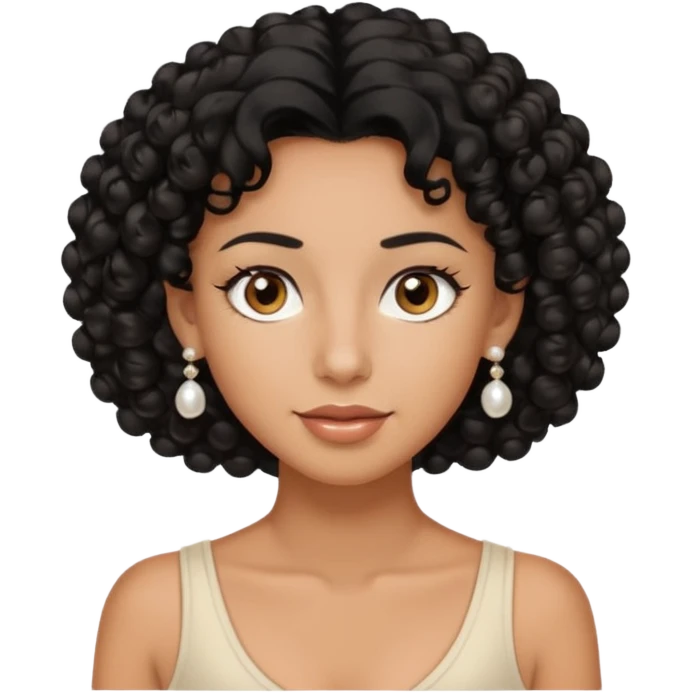 curly hair, tanned skin with tanned lines, light brown eyes, pearls earrings  emoji