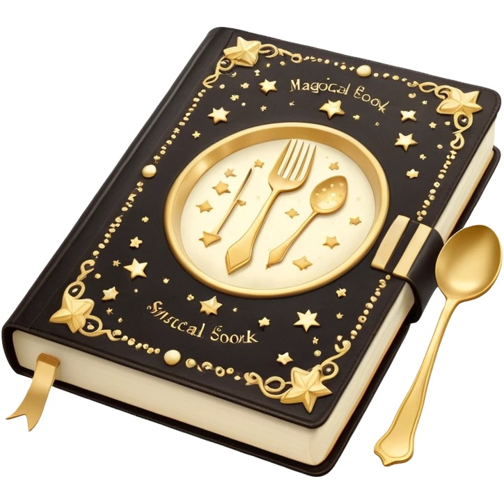 Magical glowing cookbook with a sparkling fork and spoon symbol on the cover, surrounded by tiny stars and magical sparkles emoji