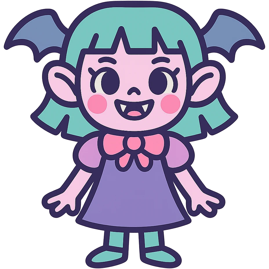 scary cute girl character, pastel colors, fangs, friendly expression emoji