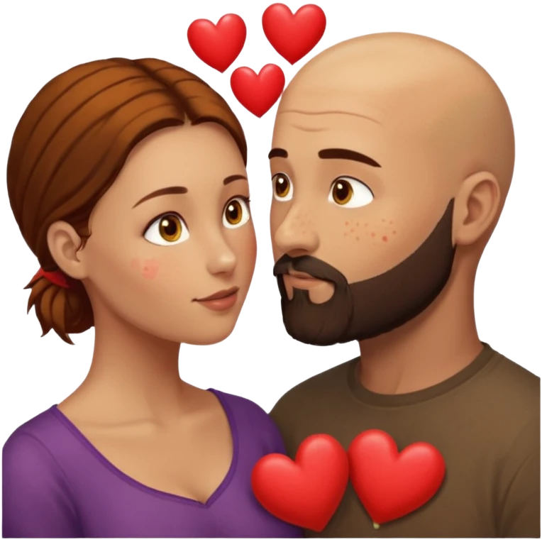 Couple. Bald man with dark brown-black beard. Woman with many small, faded, round freckles, white skin and she has auburn-yellow-brown-caramel-cinnamon dark hair. She has light yellow-brown eyes. He have hazel eyes. They look at each other. Many small red hearts around them. emoji