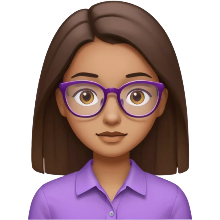 Imagine a pretty girl with slightly light brown skin with big brown eyes and glasses. She has straight long brown hair in a slick back and is wearing a light purple shirt emoji