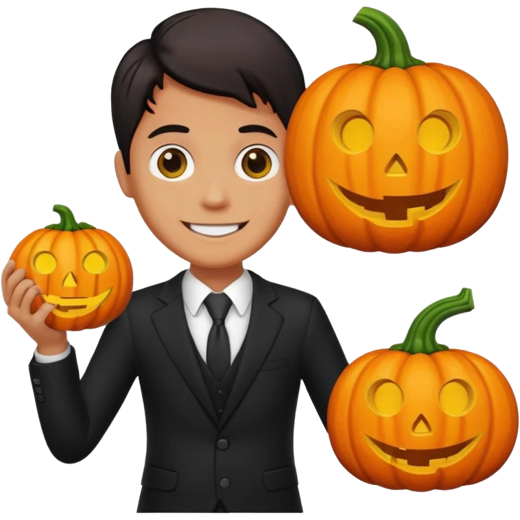 A pumpkin smiling at a magnifying glass (the magnifying glass has a suit thats black, the magnifying glass also has one eye in the middle turn the magnifying glass into a living person give the magnifying glass Normal looking eyes and give it actual arms and legs  emoji