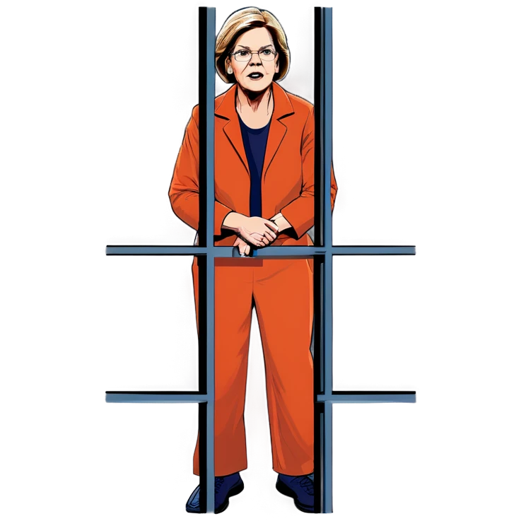 Make a picture of Senator Elizabeth Warren wearing an orange jumpsuit and behind bars make her look worried extremely worried and as realistic as you can emoji