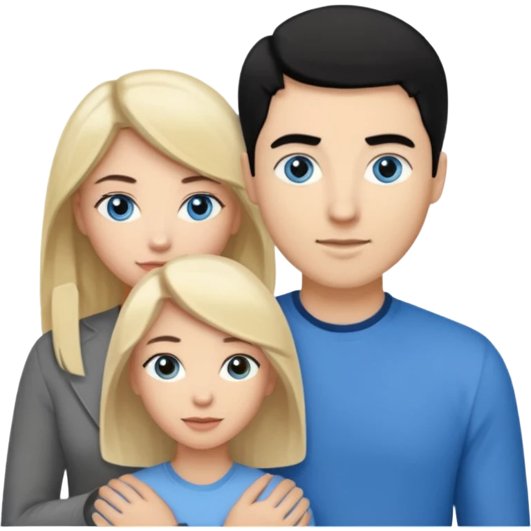 3 people. Throuple. Blank woman with blond hair and blue eye color on left. And also a blank man with black hair and grey eye color in the middle. And a blank woman with brown hair and grey eye color on the right. Holding each other emoji