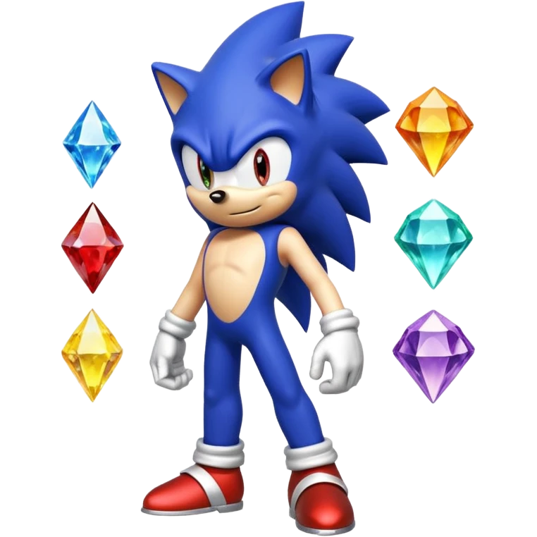 I want Sonic the hedgehog with the 7 chaos emeralds and the Goku aura transformation, where is the super Sonic aura Is a power 7 diamonds, red, blue, yellow, green, white, skyblue and purple, and Sonic changed color into yellow with the seven diamonds or chaos emeralds, and the spine is up emoji