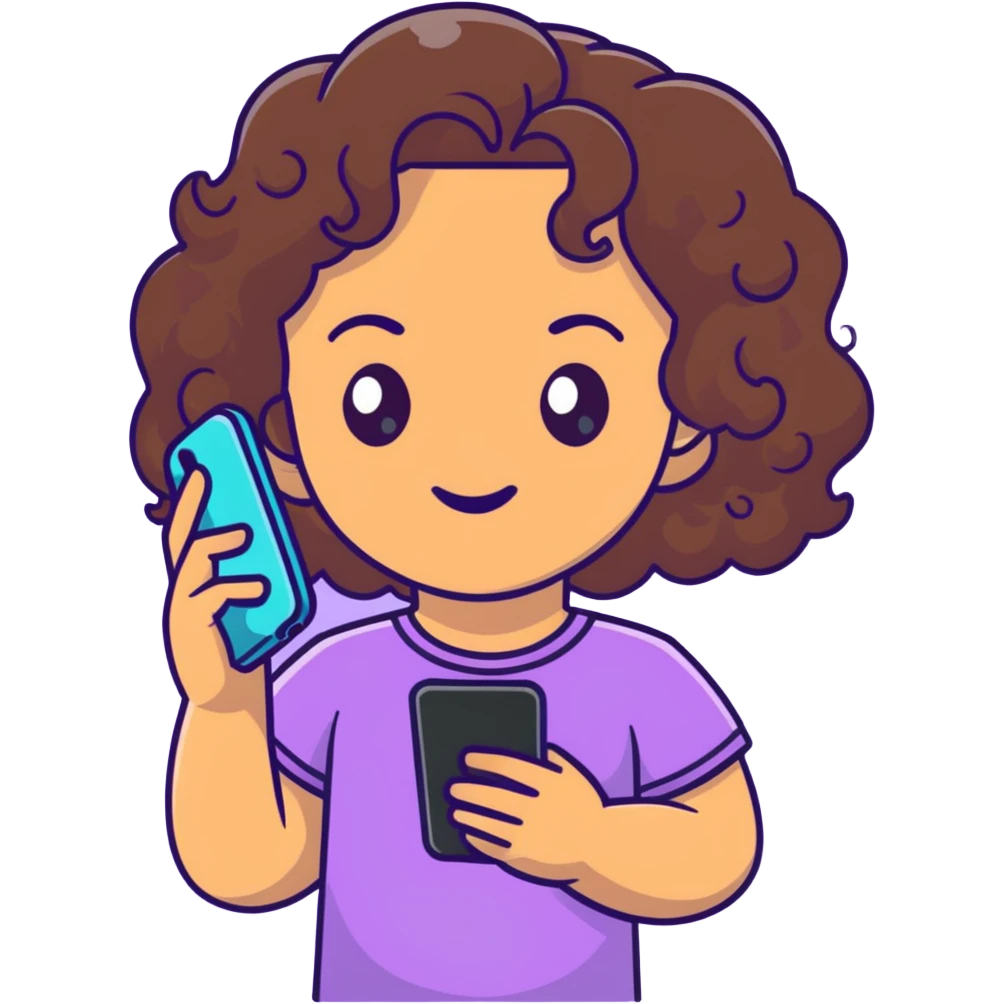 brunette girl with curly medium length hair, brown eyes, slightly tan skin, holding a phone emoji