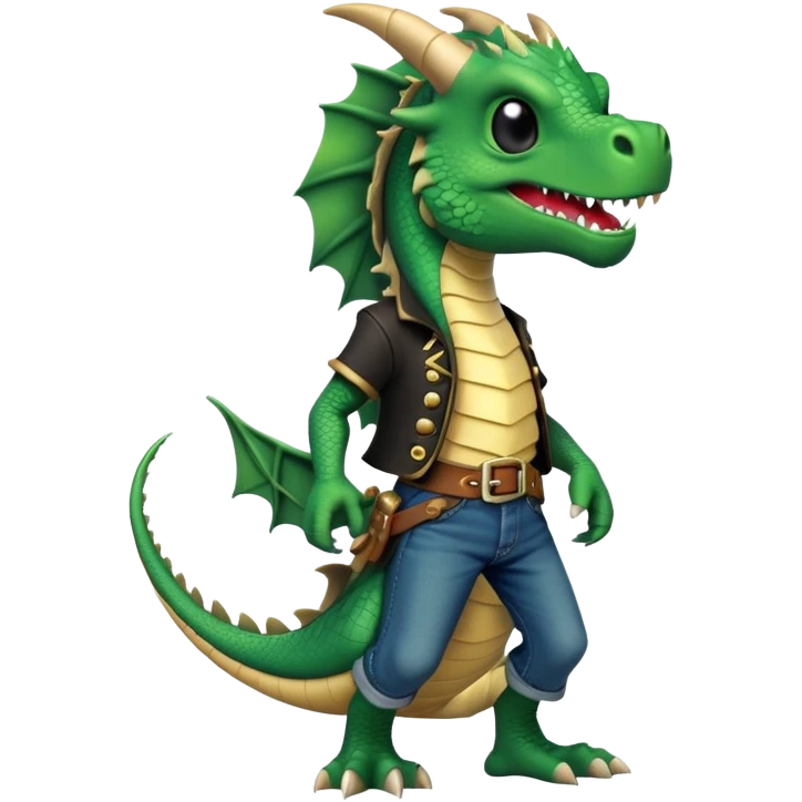 anthropomorphised dragon in a band t-shirt and jeans with a pirate eye-patch walking upright, relaxed pose emoji