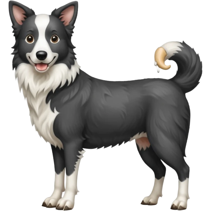 A black and white border collie werewolf, standing on her hind legs, holding a cow's hoof. emoji