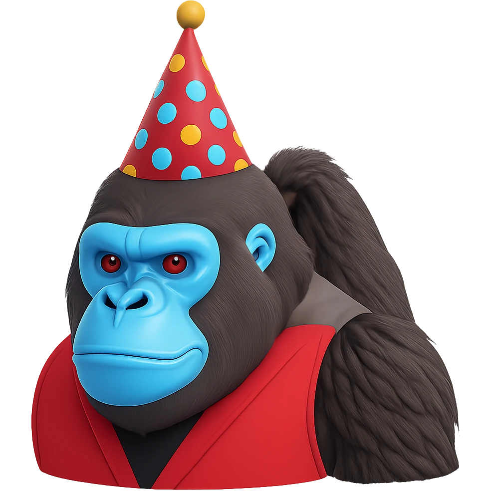 Make sure the cyan gorilla with a party hat has no legs, keep the background transparent. Maintain the original style and details of the image. emoji