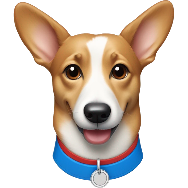 Wiener dog/corgi face tan and white, with red collar and blue dog tag emoji