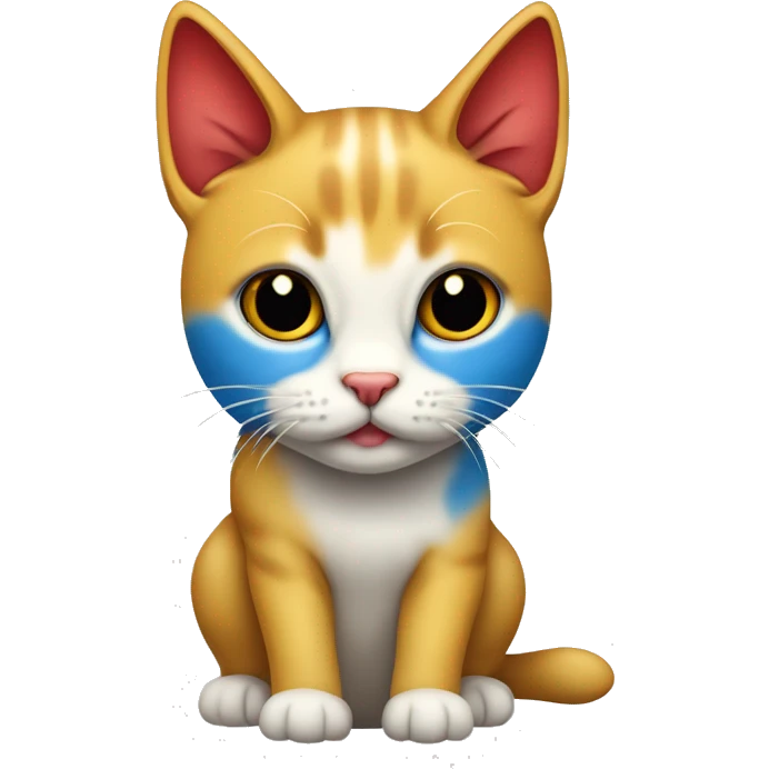 Gato color amarillo azul y rojo gato sentado, mascota gato emoji