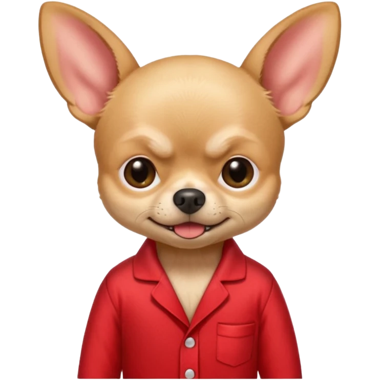 Create an angry beige Chihuahua with a red buttones pyjama. Under It, It says: No estoy enfadada emoji