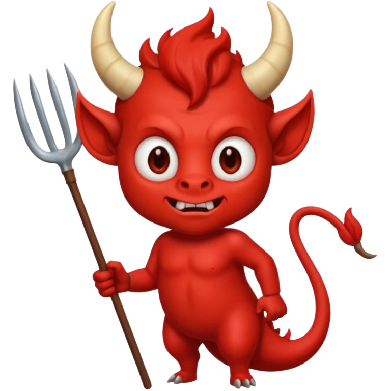 a Red devil, short horn Small red imp holding pitchfork, tail curled emoji