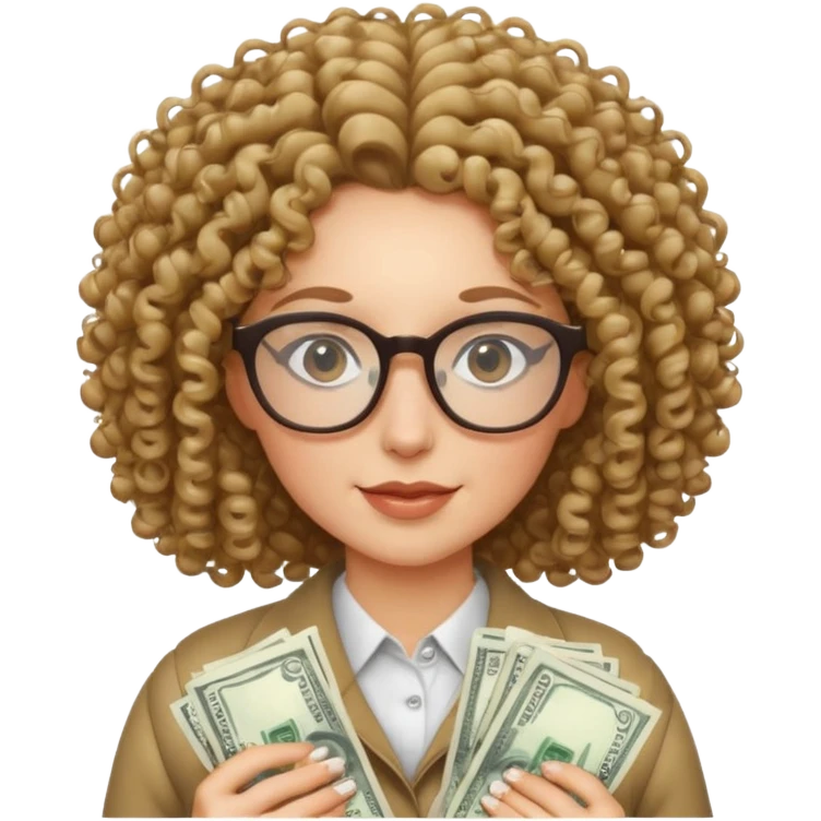 curly haired white woman with glasses holding a lot of money emoji