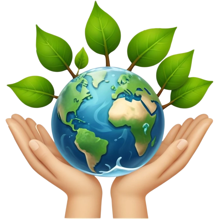 An icon featuring a green leaf, Earth held in hands, and a recycling symbol, symbolizing ecology. The design includes trees, clean water, and animals, representing environmental protection, sustainability, and ecosystems. Transparent background highlights the science of nature and conservation. emoji