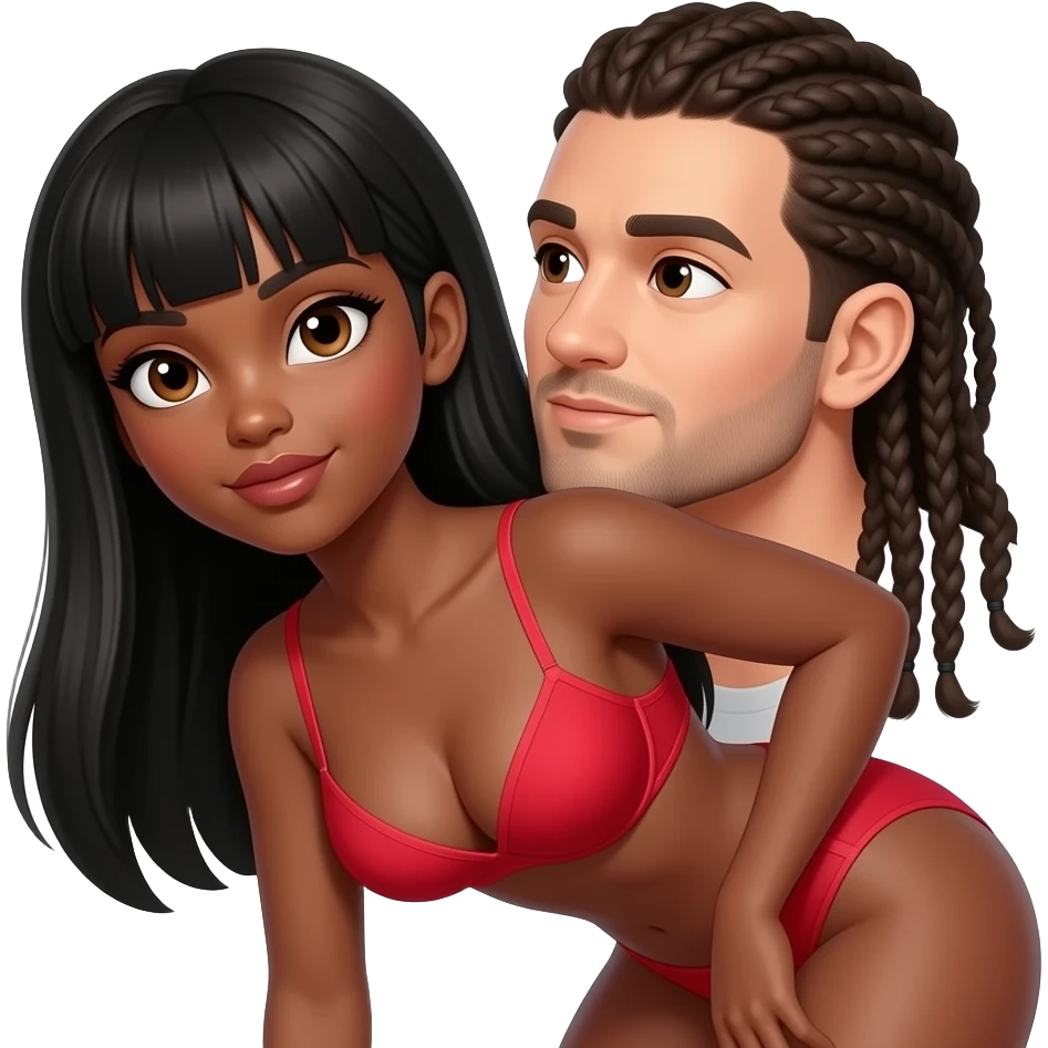 Lightskin black woman with brown eyes & long black straight hair wearing only a sexy red bra bent over getting fucked by a white man braids that come down to neck emoji