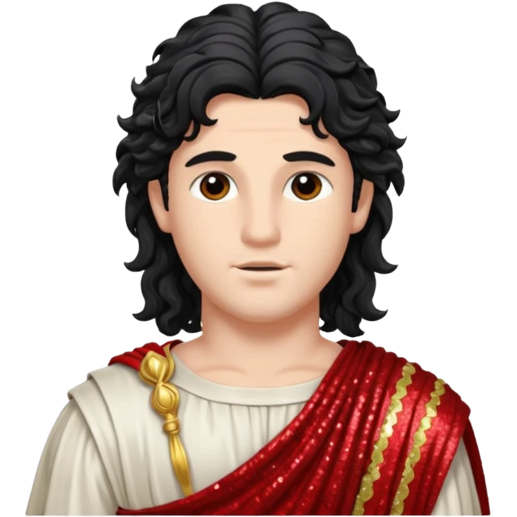 Adonis, God of Beauty from Roman Deities with long black wavy hair, red sequin toga emoji