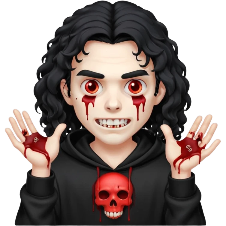 Vampire wearing a black hoodie with a skull logo on it, long curly hair that covers the forehead, fanged teeth and blood on hands emoji