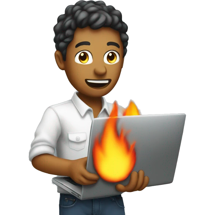 a software engineer holding a computer that is on fire emoji