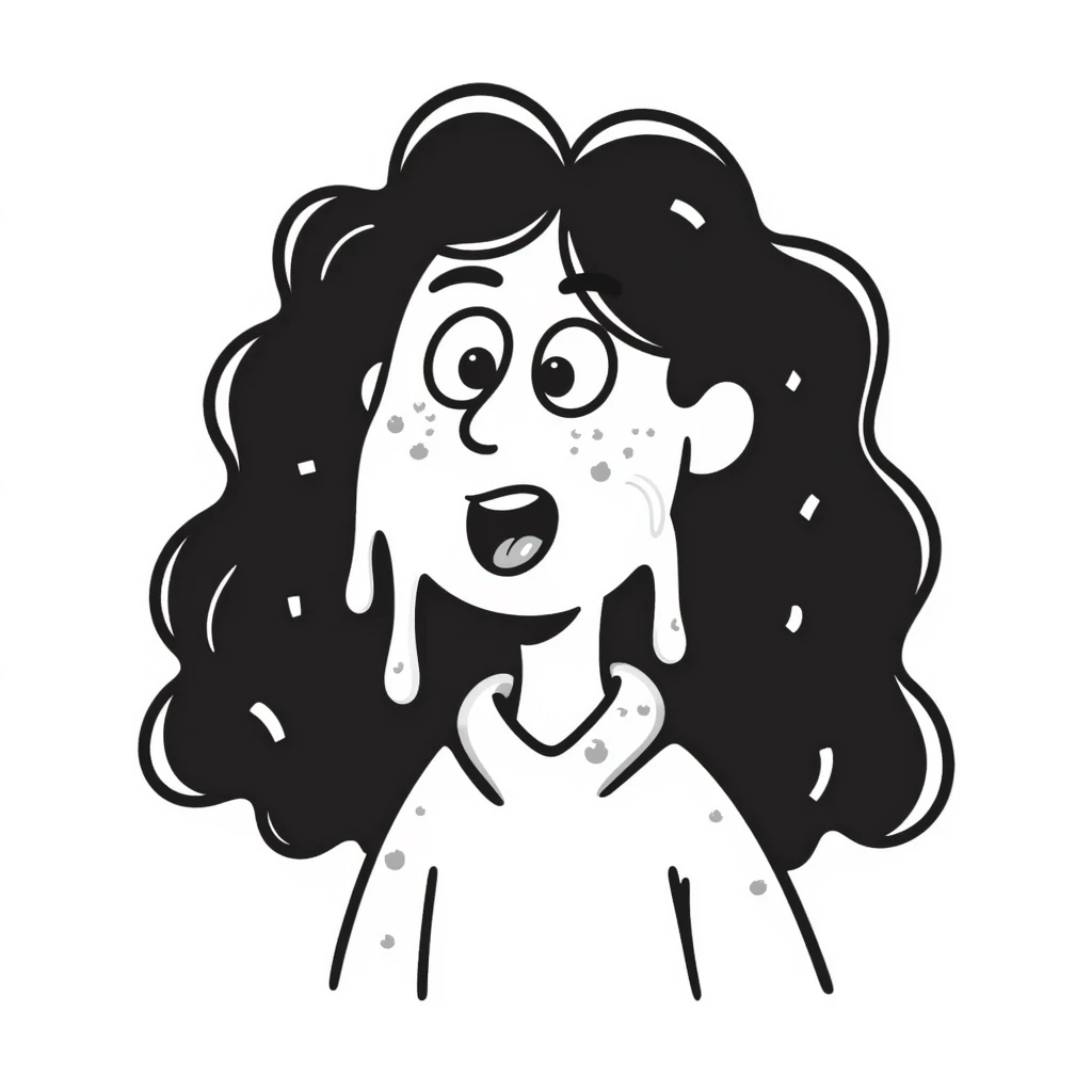 shocked woman with long messy curly black hair, thick goopy white liquid on cheeks, lips, tongue, tongue out, eyes wide open, gunk dripping and matting hair emoji
