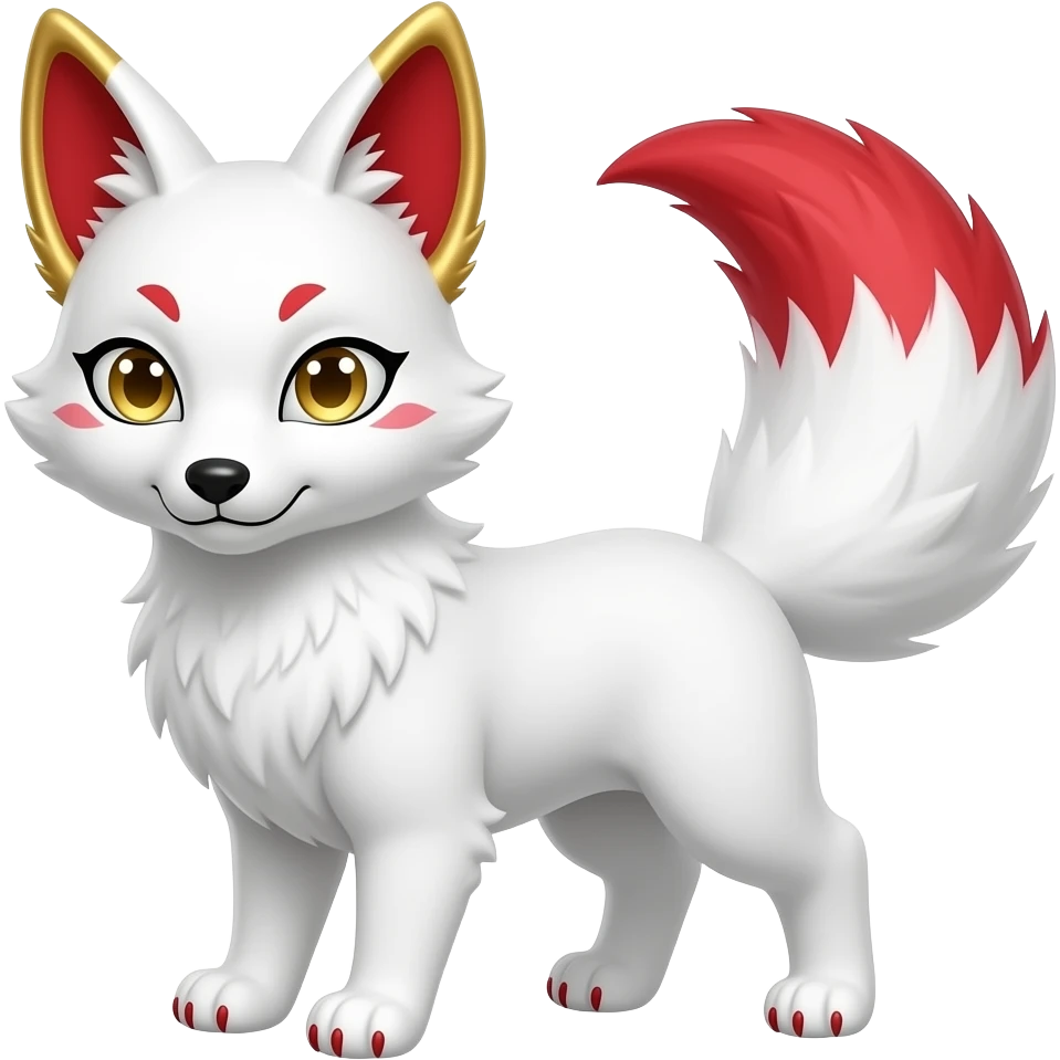 A white one-tailed Kitsune (Fox Form,) with red accents, red inside of his ears, gold accents inside of his ears and pale golden eyes. Pure white paws, red pawpads, and a red tail tip. emoji